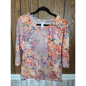 Women's Christopher & Banks Long Sleeve Tee L Orange Pink Floral